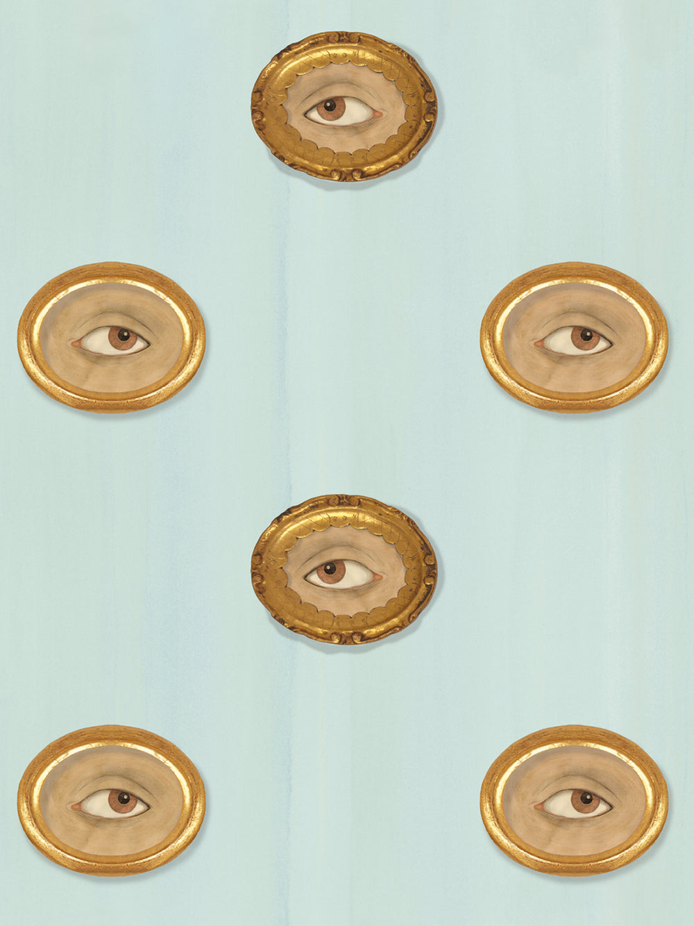 Wallpaper pattern of gold-framed oval eyes in brown tones on light blue background