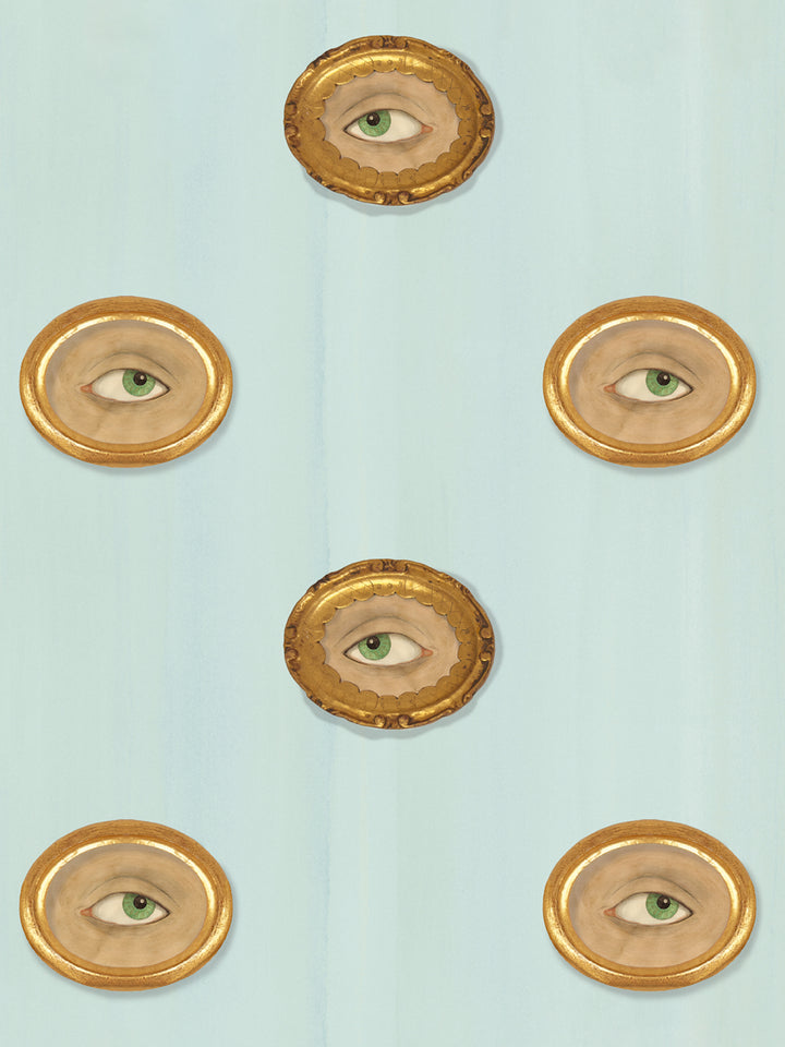 Repeating wallpaper pattern of gold oval framed eyes with green irises