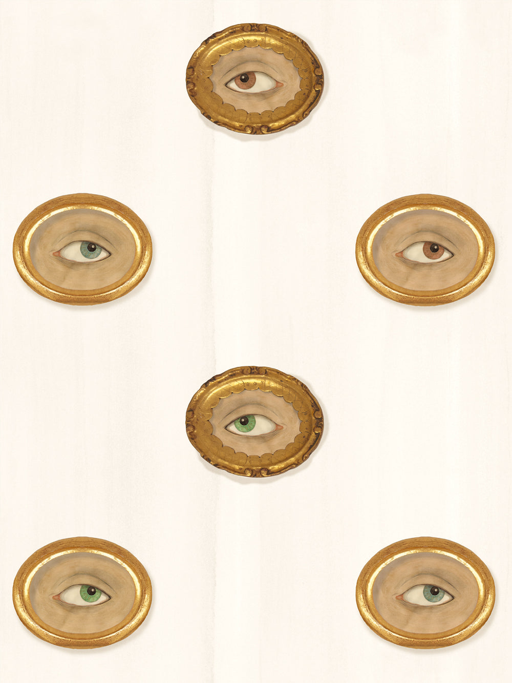 Warm ivory wallpaper with gilt oval frames holding painted eyes in brown, green and blue-gray