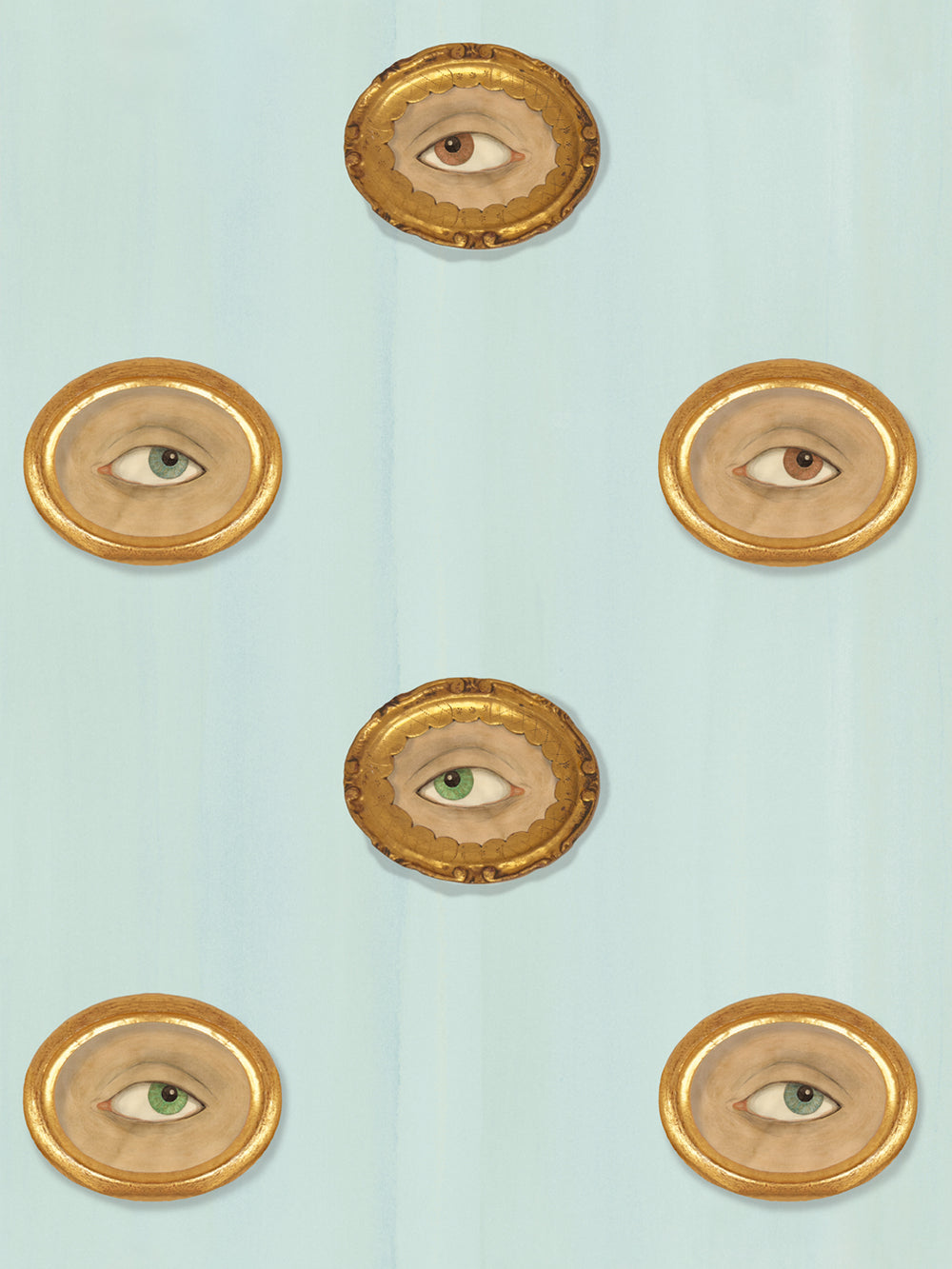 Blue wallpaper with repeating gold oval eye frames