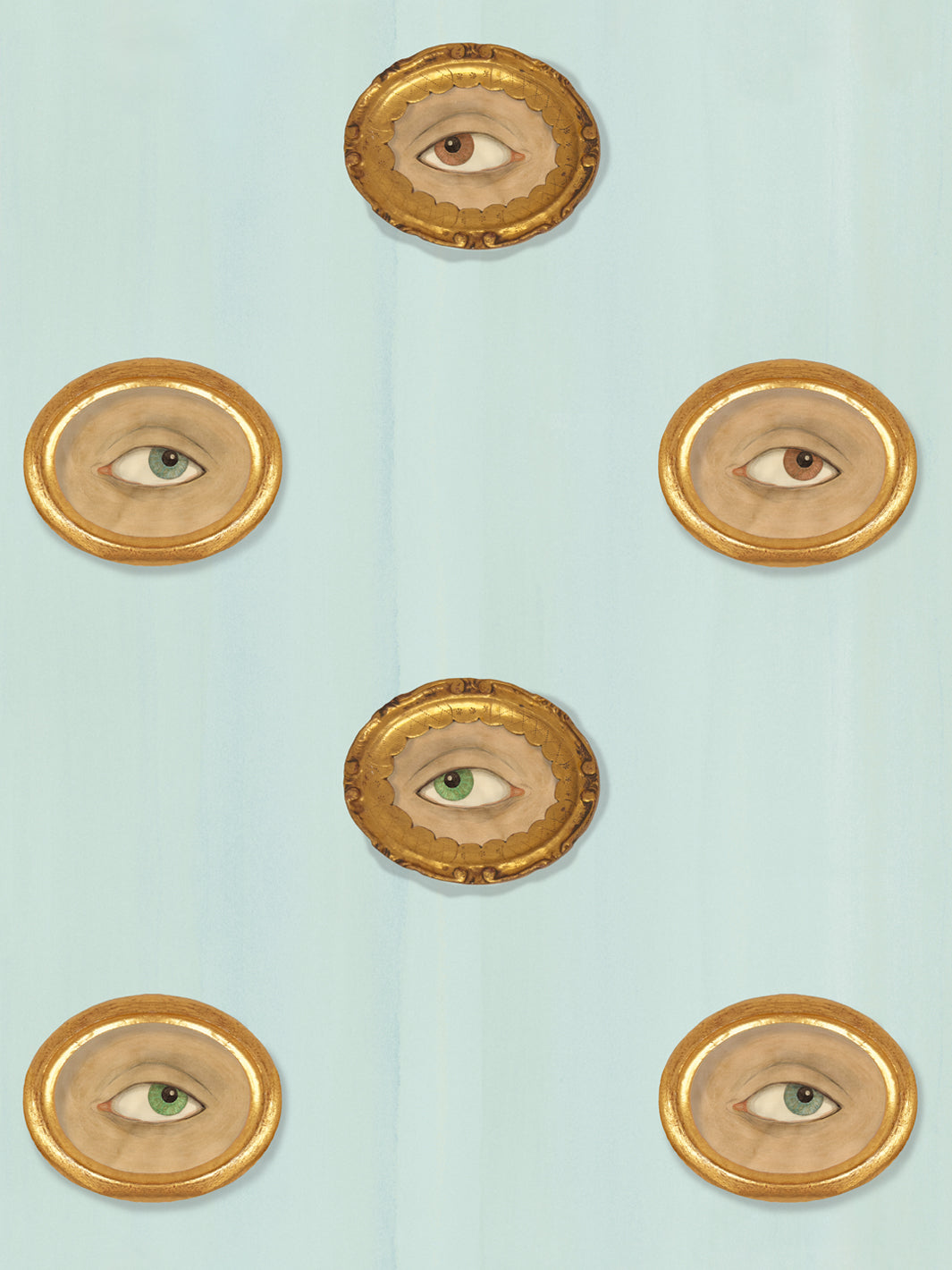 Blue wallpaper with repeating gold oval eye frames