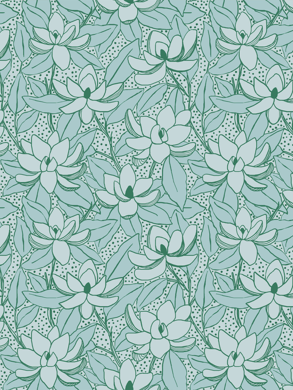 Magnolias wallpaper in Aegean Kelp: pale aqua ground with sage leaves and deep green outlined blooms