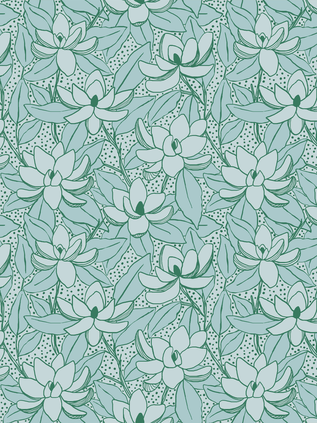Magnolias wallpaper in Aegean Kelp: pale aqua ground with sage leaves and deep green outlined blooms