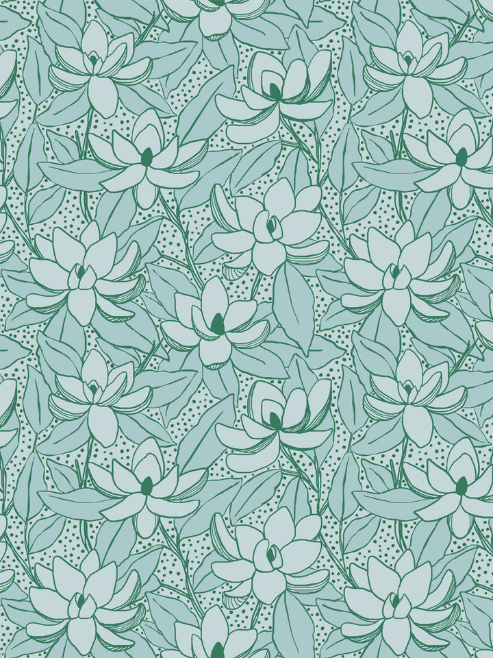 Magnolias wallpaper in Aegean Kelp: pale aqua ground with sage leaves and deep green outlined blooms