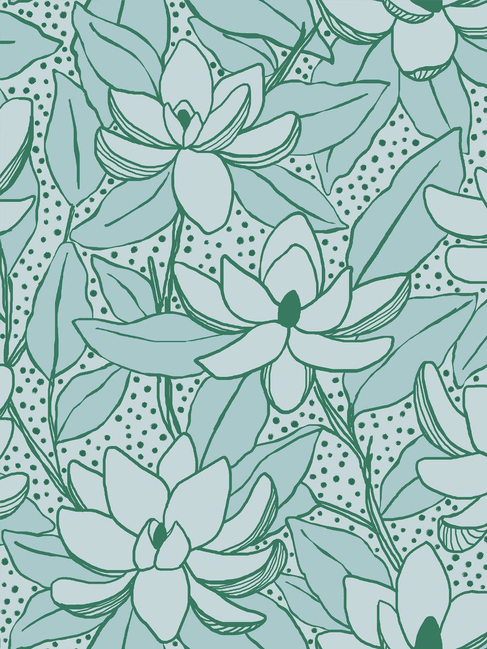Close crop of very pale icy aqua-white flowers magnolia blooms on pale seafoam aqua