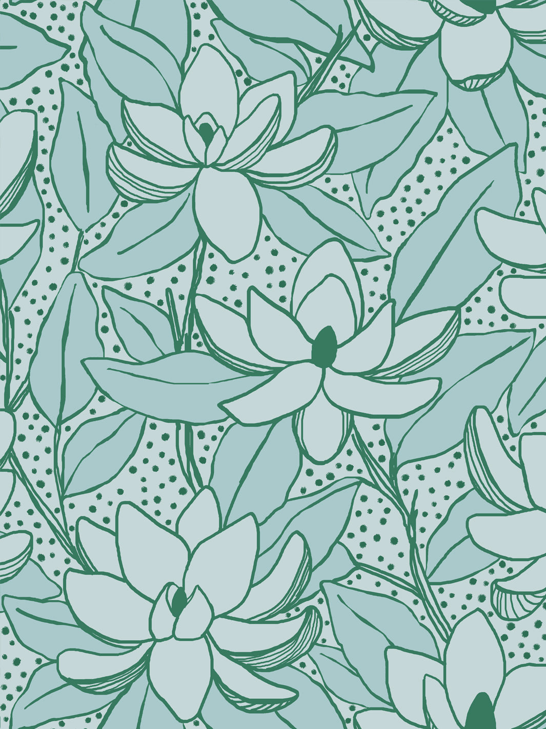 Close crop of very pale icy aqua-white flowers magnolia blooms on pale seafoam aqua