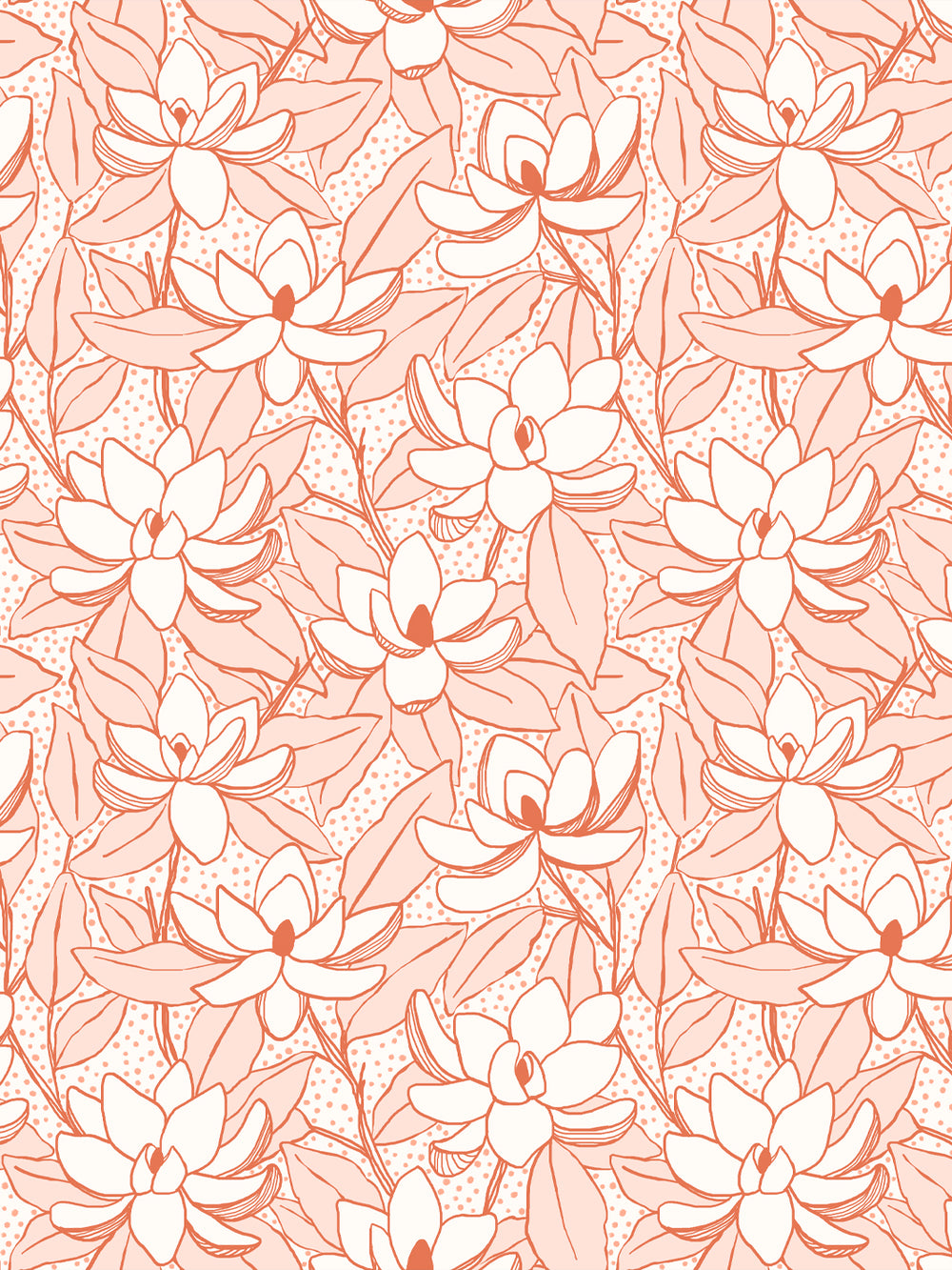 Magnolias wallpaper in Apricot Ember: cream blooms and peach leaves outlined in burnt orange on blush