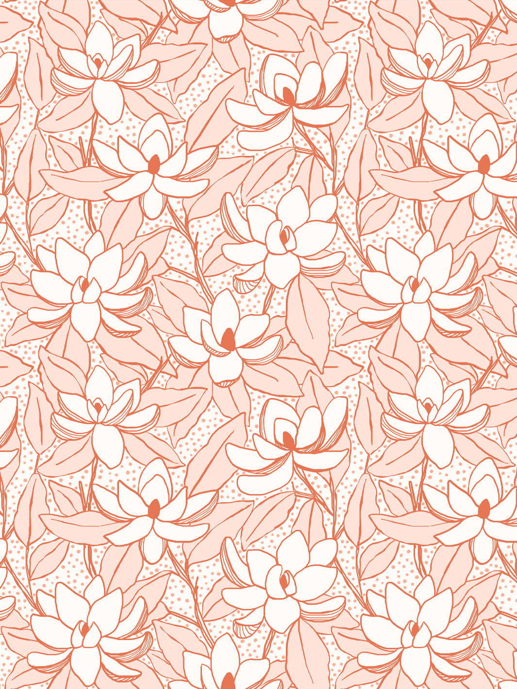 Magnolias wallpaper in Apricot Ember: cream blooms and peach leaves outlined in burnt orange on blush