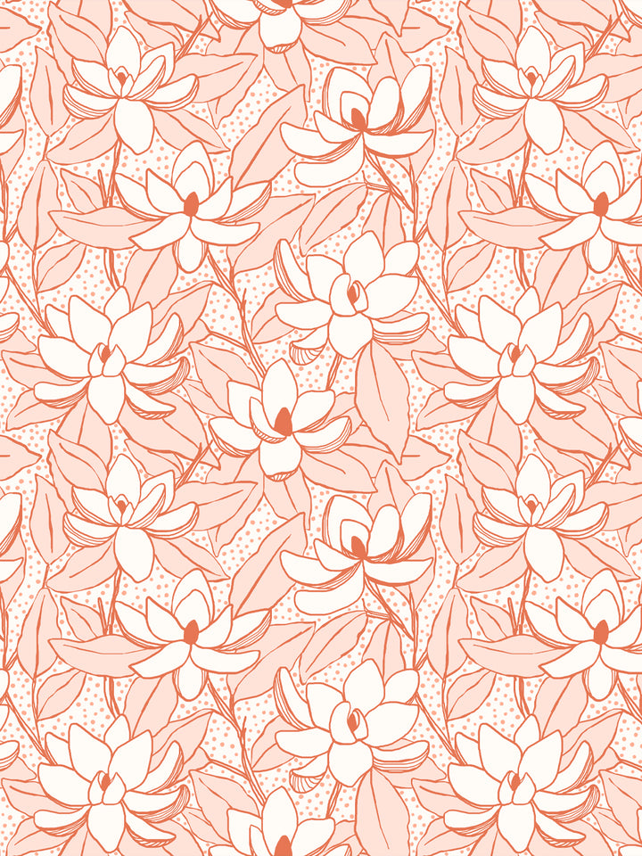 Magnolias wallpaper in Apricot Ember: cream blooms and peach leaves outlined in burnt orange on blush