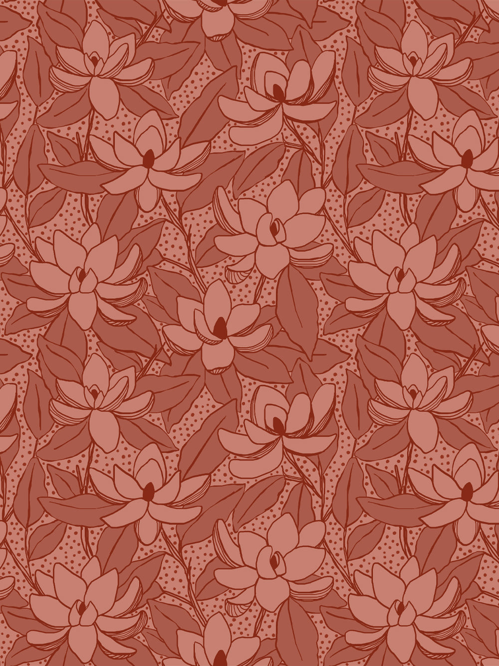 Magnolias wallpaper in Clay Wash: tonal terracotta blooms and leaves outlined in deep brick red