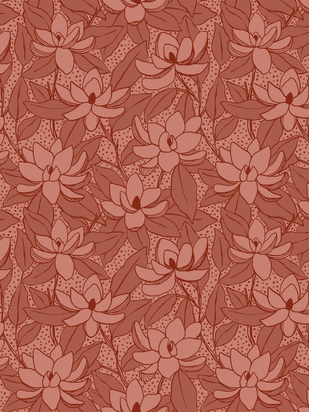 Magnolias wallpaper in Clay Wash: tonal terracotta blooms and leaves outlined in deep brick red
