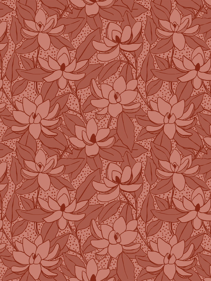 Magnolias wallpaper in Clay Wash: tonal terracotta blooms and leaves outlined in deep brick red