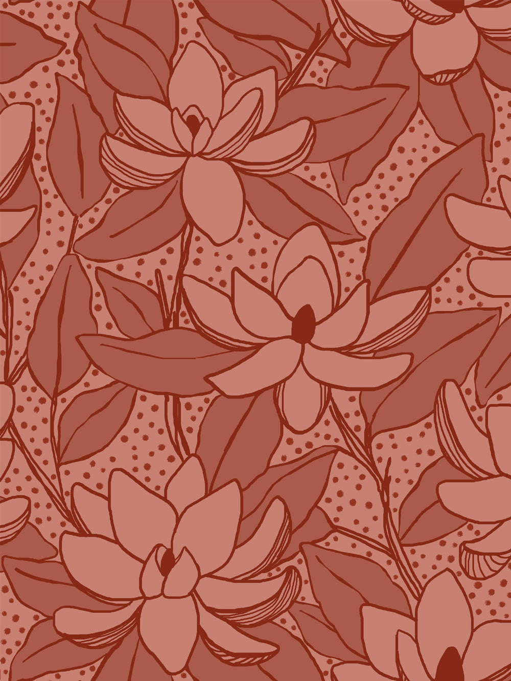 Close crop of muted dusty rose-clay flowers magnolia blooms on dusty terracotta brick
