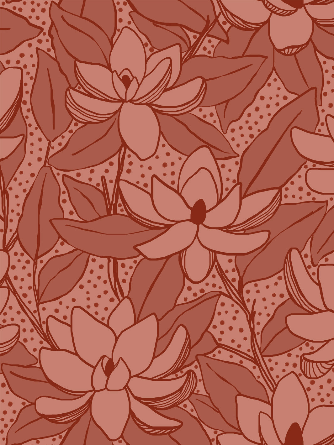 Close crop of muted dusty rose-clay flowers magnolia blooms on dusty terracotta brick