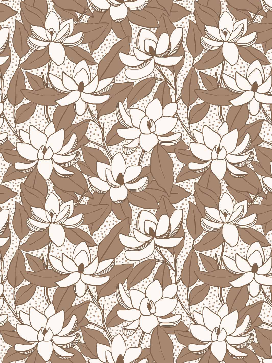 Magnolias wallpaper in Coffee: cream blooms with warm brown leaves and dark brown outlines on ivory
