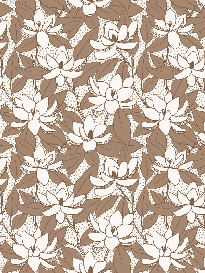 Magnolias wallpaper in Coffee: cream blooms with warm brown leaves and dark brown outlines on ivory