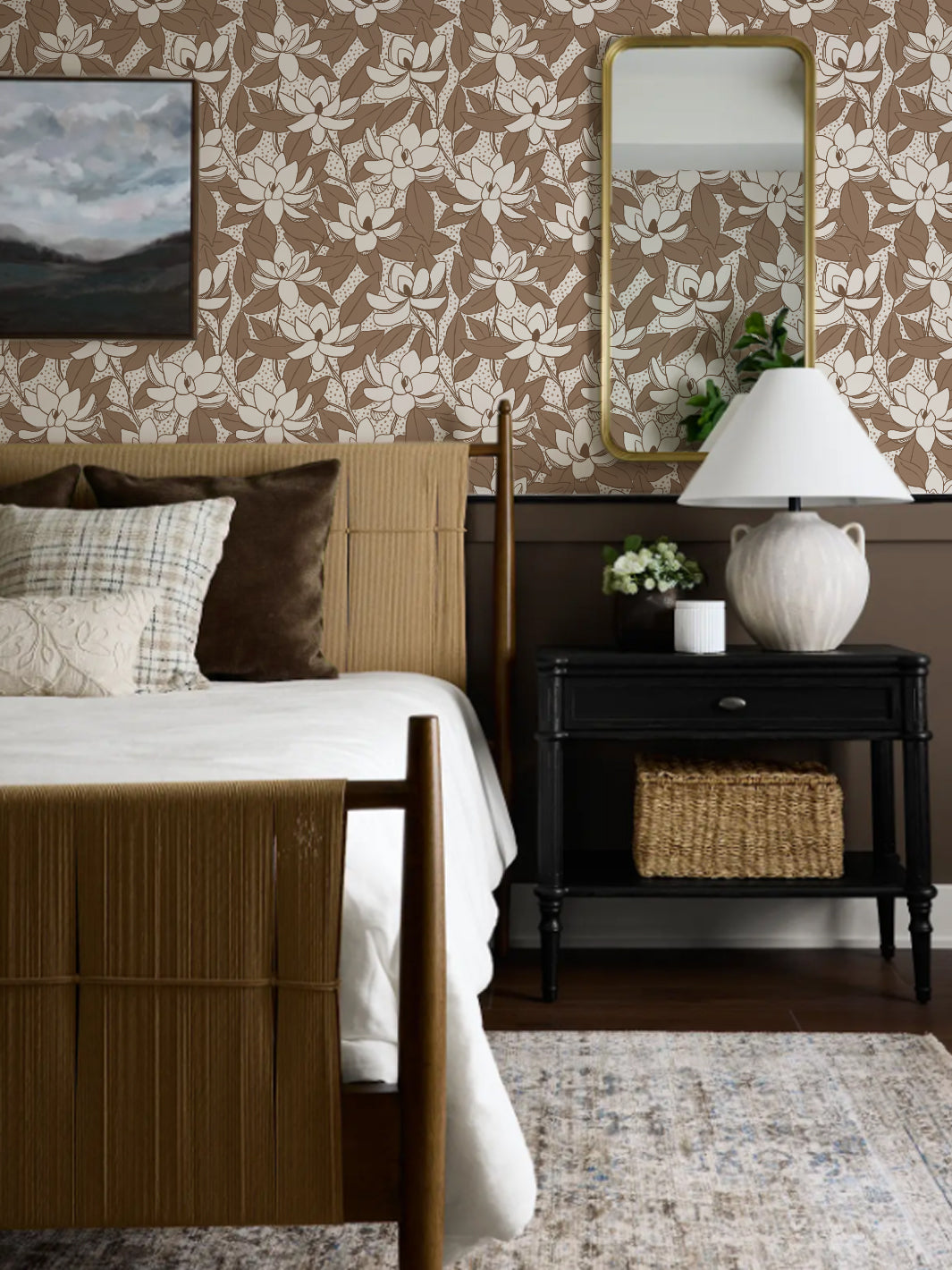 Coffee Magnolias wallpaper in a bedroom with rush bed, black nightstand and woven basket