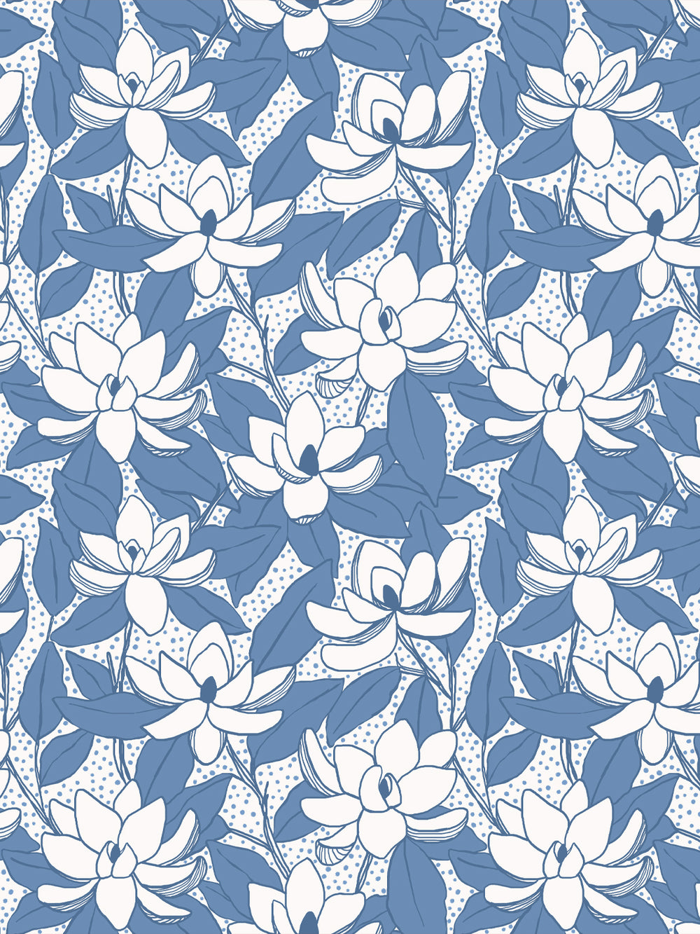 Magnolias wallpaper in Cornflower: white blooms with medium blue leaves and navy outlines on white