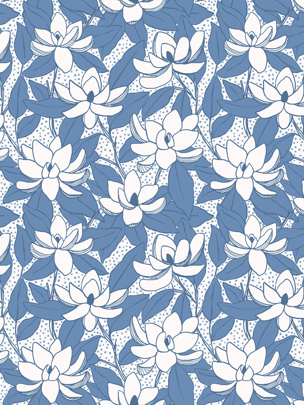 Magnolias wallpaper in Cornflower: white blooms with medium blue leaves and navy outlines on white