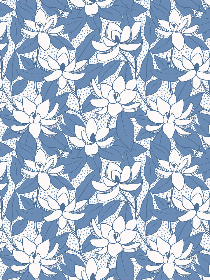 Magnolias wallpaper in Cornflower: white blooms with medium blue leaves and navy outlines on white
