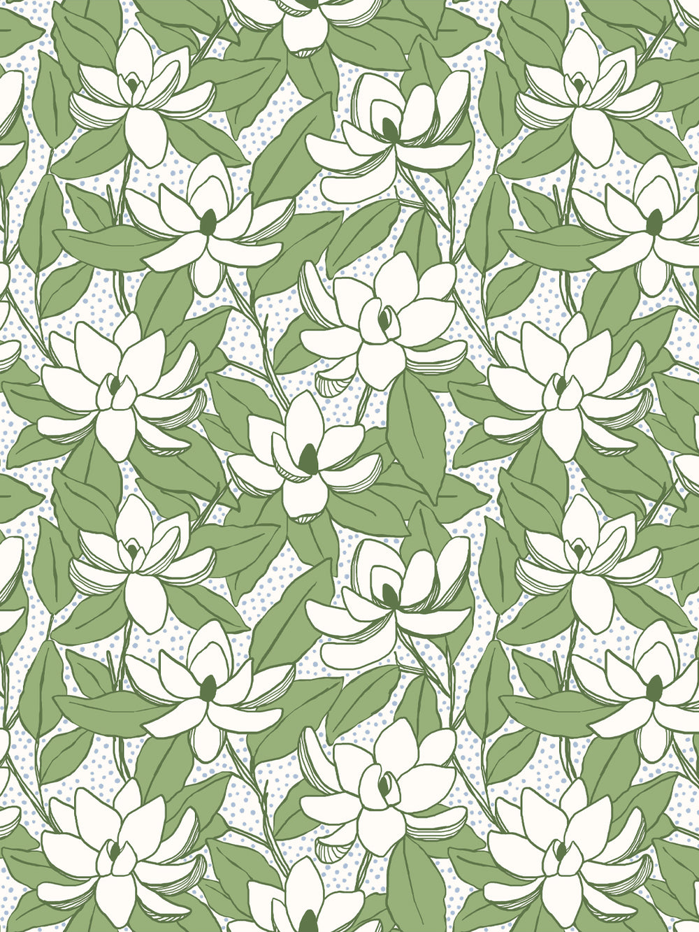Magnolias wallpaper in Fern Mist: ivory blooms, sage green leaves and pale blue dots on a white ground