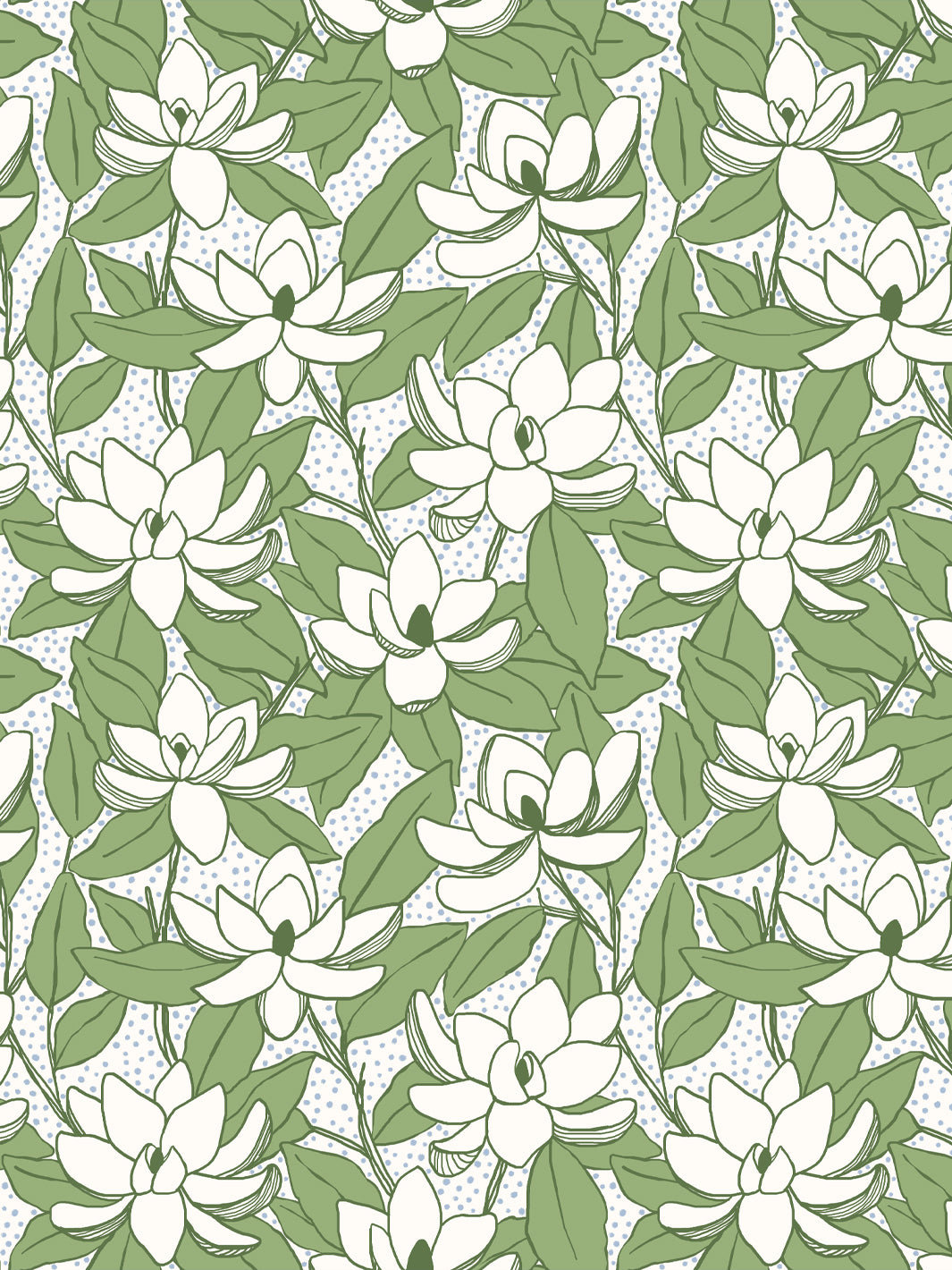 Magnolias wallpaper in Fern Mist: ivory blooms, sage green leaves and pale blue dots on a white ground