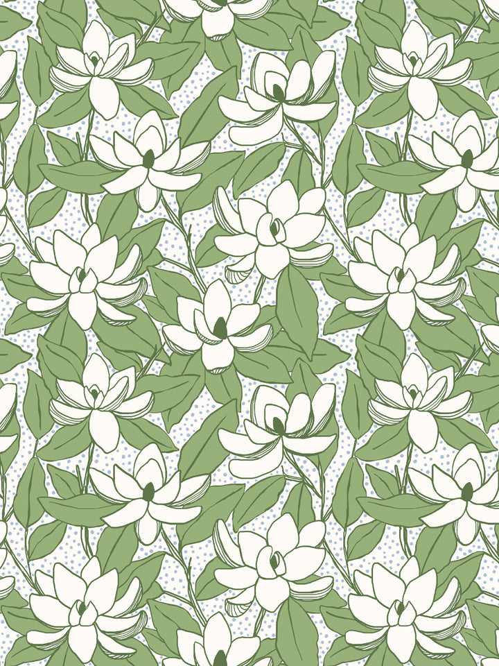 Magnolias wallpaper in Fern Mist: ivory blooms, sage green leaves and pale blue dots on a white ground