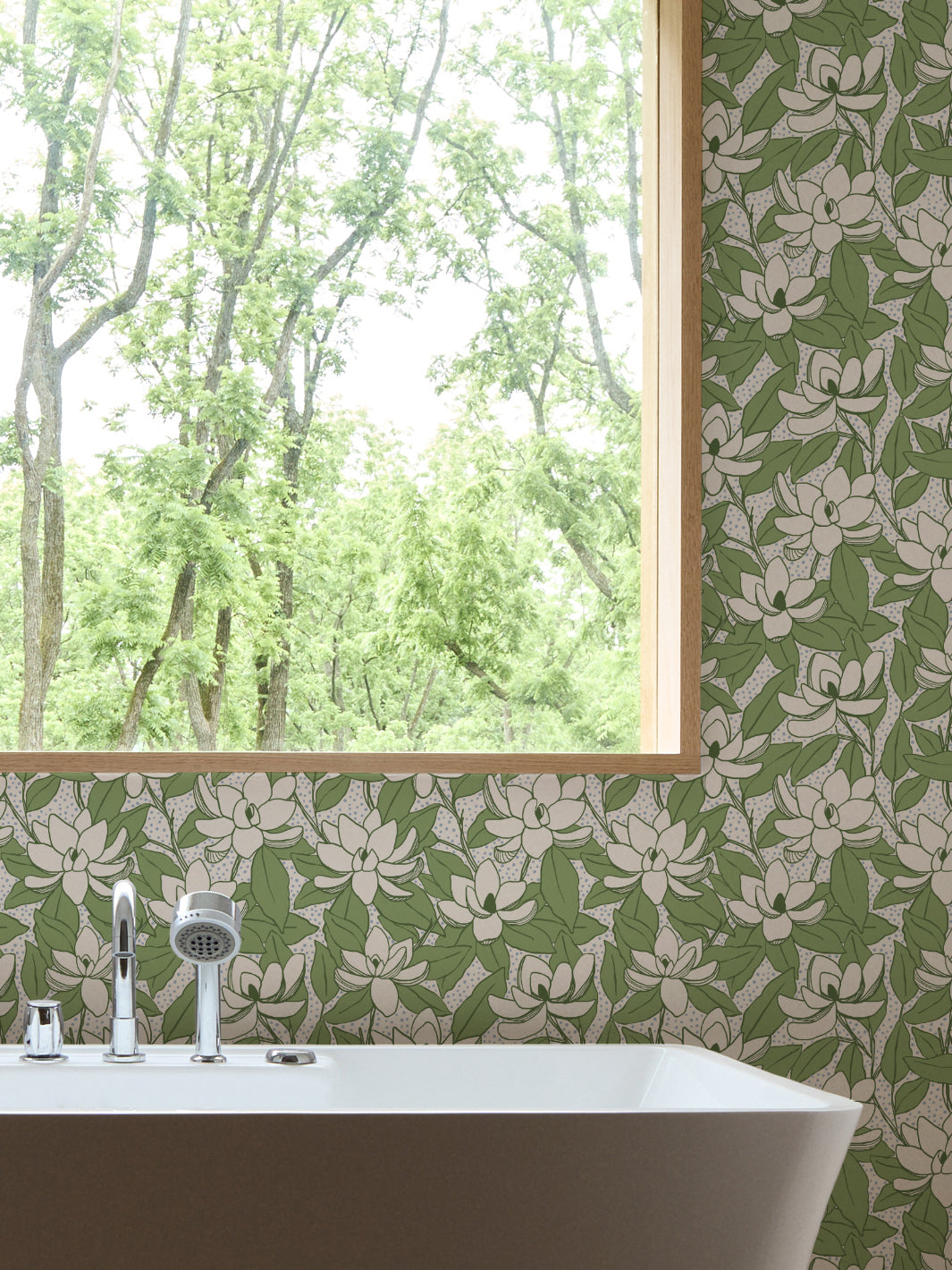 Fern Mist Magnolias wallpaper in a bathroom with white freestanding tub and oak-framed window