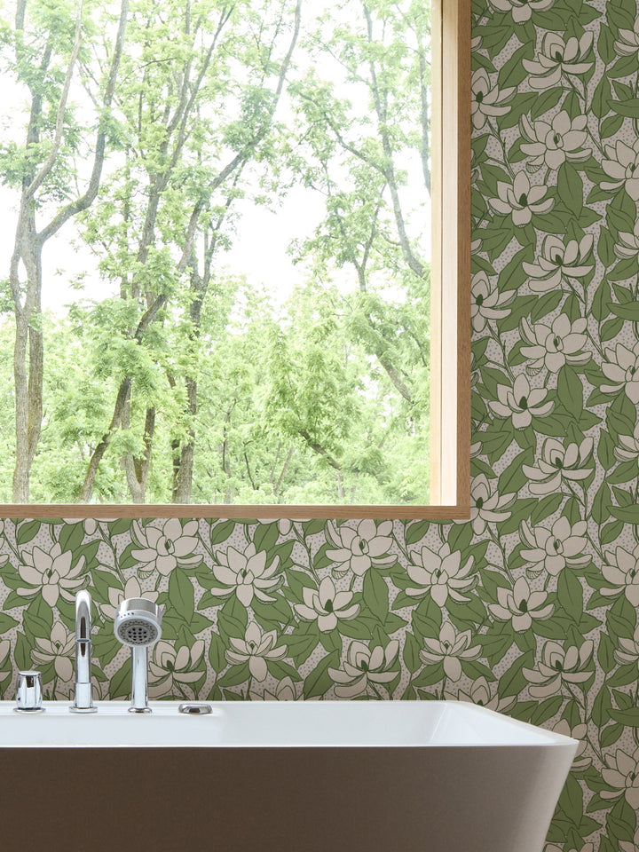 Fern Mist Magnolias wallpaper in a bathroom with white freestanding tub and oak-framed window