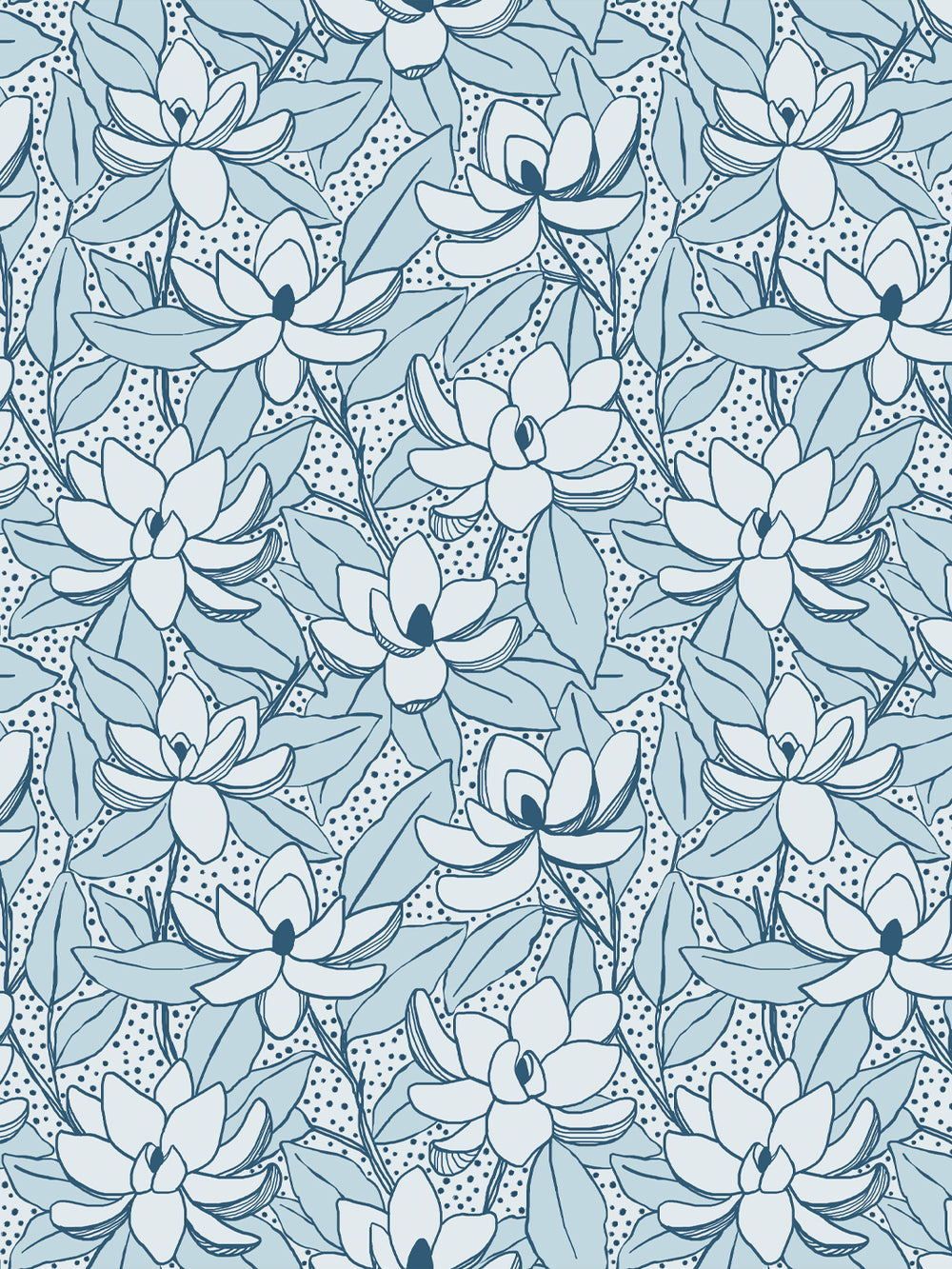 Magnolias wallpaper in Glacier Navy: pale ice-blue blooms and powder blue leaves outlined in deep navy