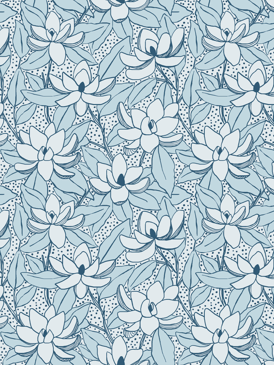 Magnolias wallpaper in Glacier Navy: pale ice-blue blooms and powder blue leaves outlined in deep navy