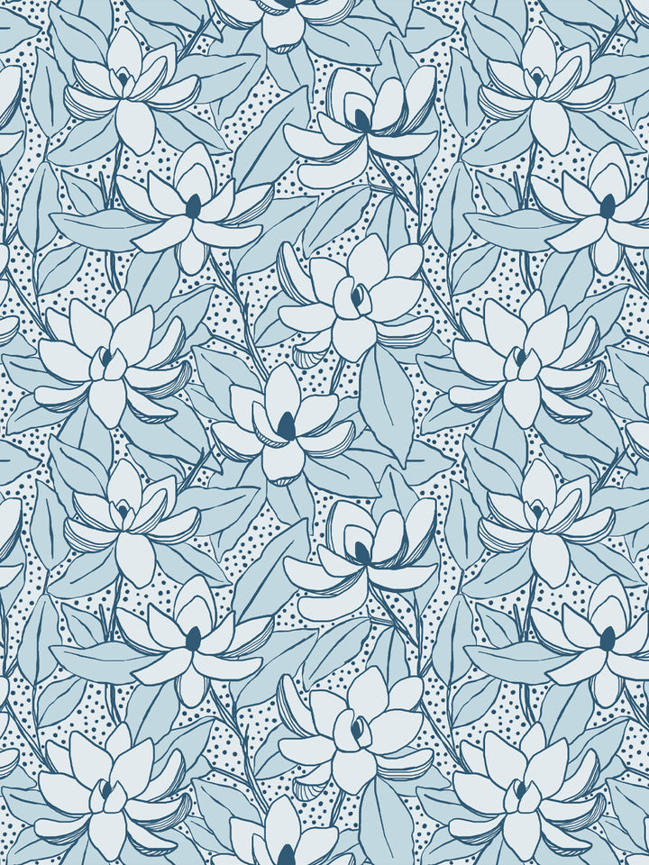 Magnolias wallpaper in Glacier Navy: pale ice-blue blooms and powder blue leaves outlined in deep navy