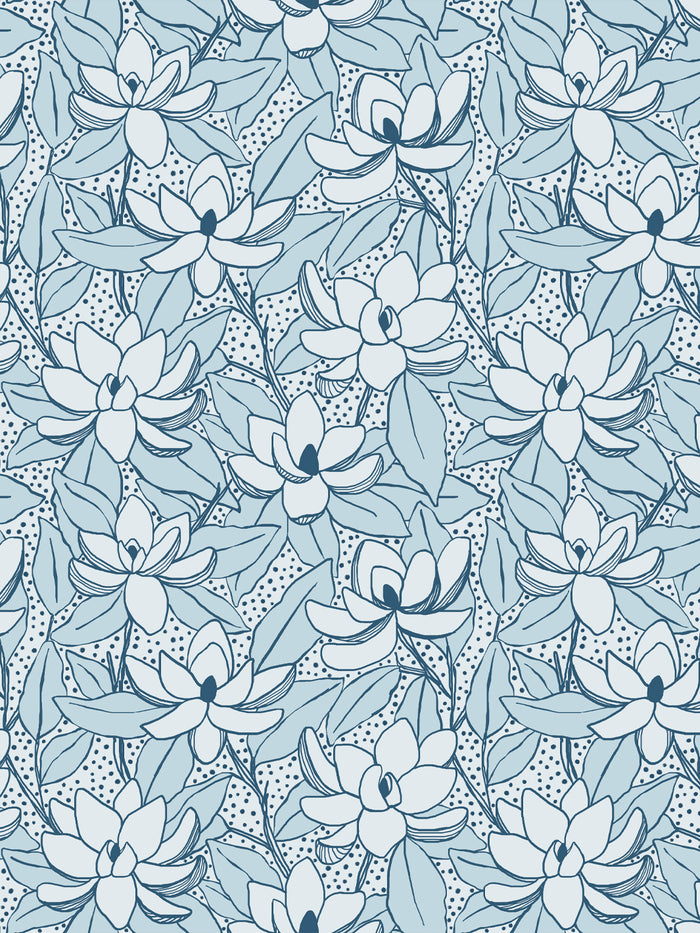 'Magnolias' Wallpaper by Wallshoppe - Glacier Navy
