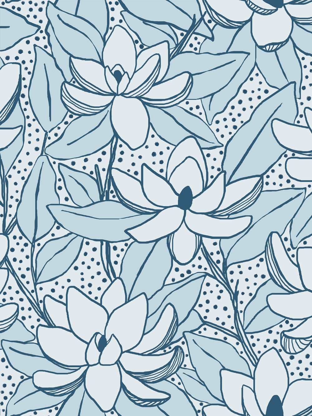Close crop of near-white pale blue flowers magnolia blooms on very pale ice blue