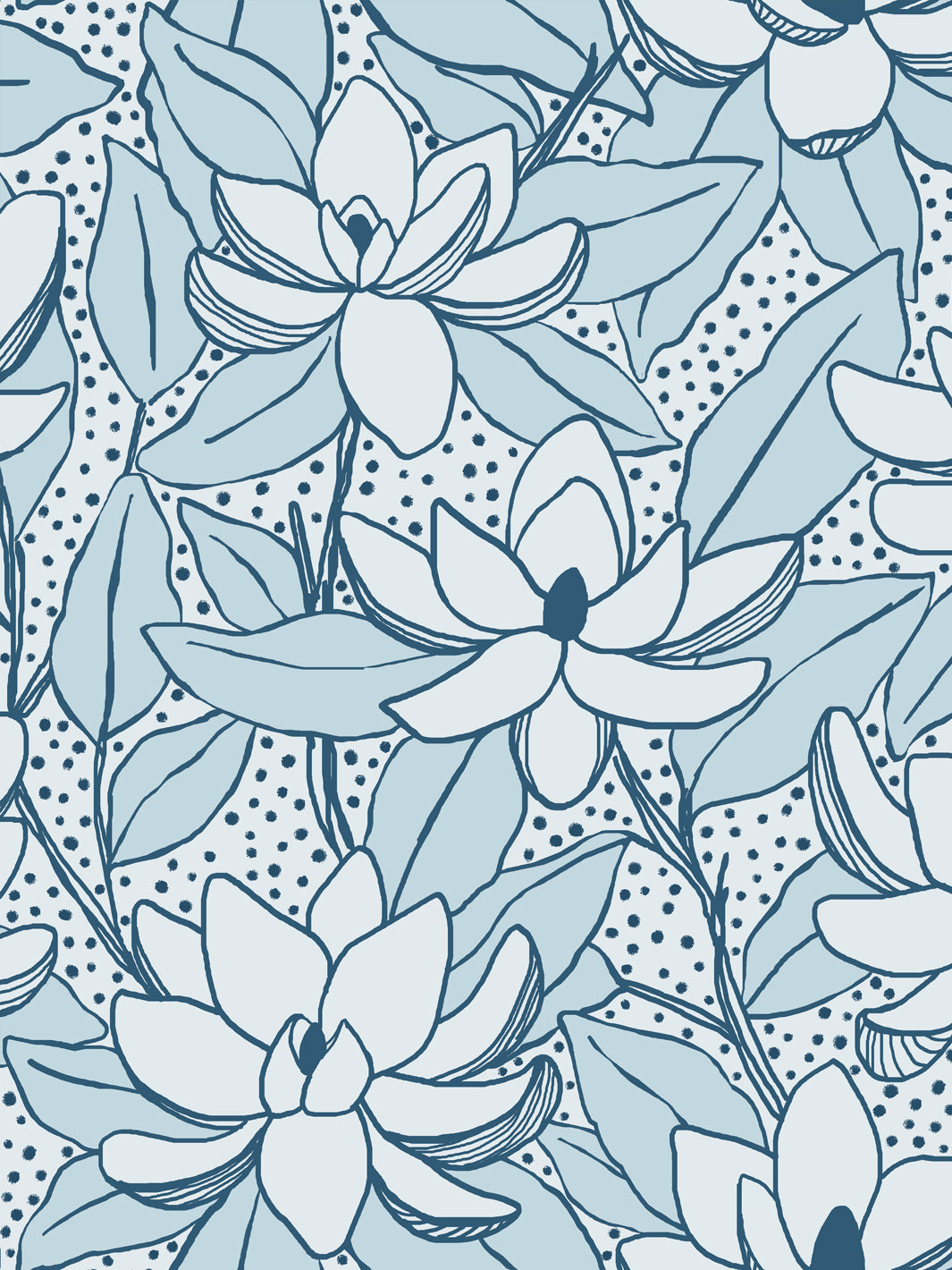 Close crop of near-white pale blue flowers magnolia blooms on very pale ice blue