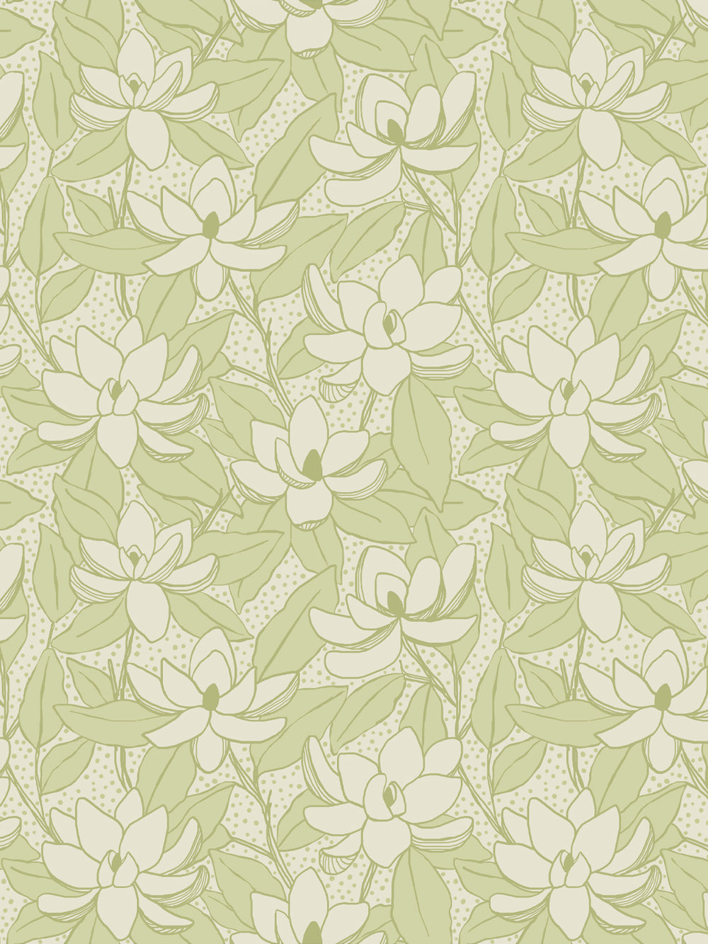 Magnolias wallpaper in Limoncello: ivory blooms and soft green leaves on a pale celery green ground