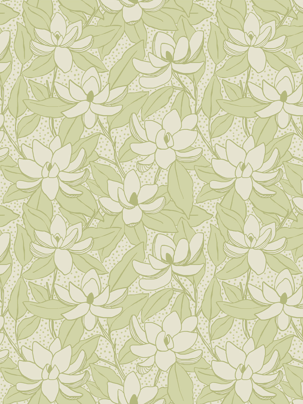 Magnolias wallpaper in Limoncello: ivory blooms and soft green leaves on a pale celery green ground