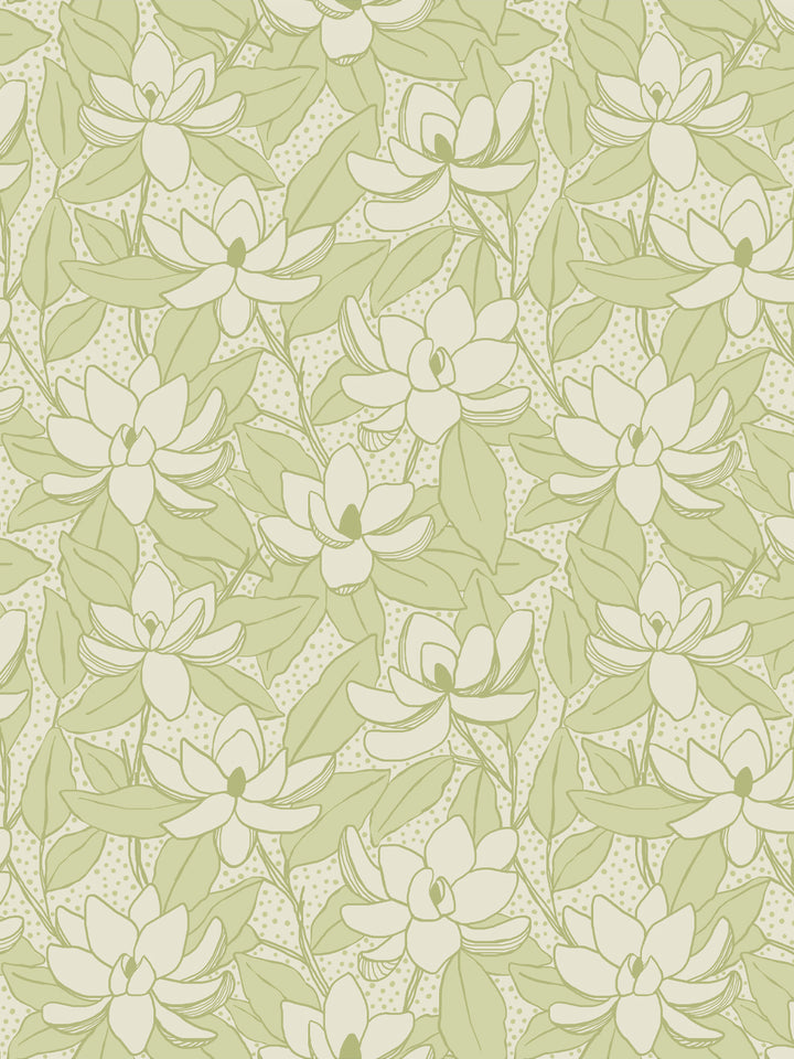 Magnolias wallpaper in Limoncello: ivory blooms and soft green leaves on a pale celery green ground