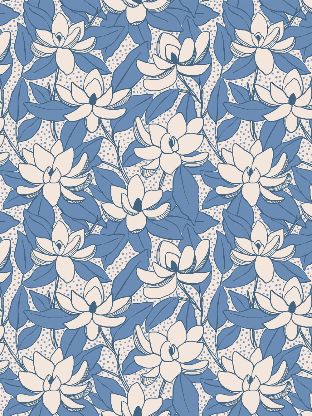 Magnolias wallpaper in Linen Cornflower: cream blooms and blue leaves with navy outlines on linen