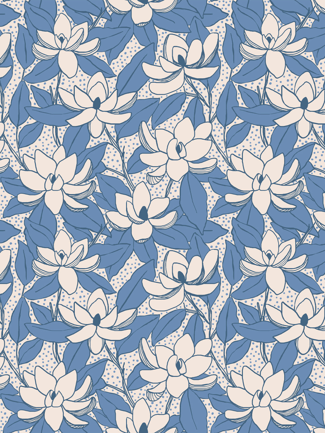 Magnolias wallpaper in Linen Cornflower: cream blooms and blue leaves with navy outlines on linen