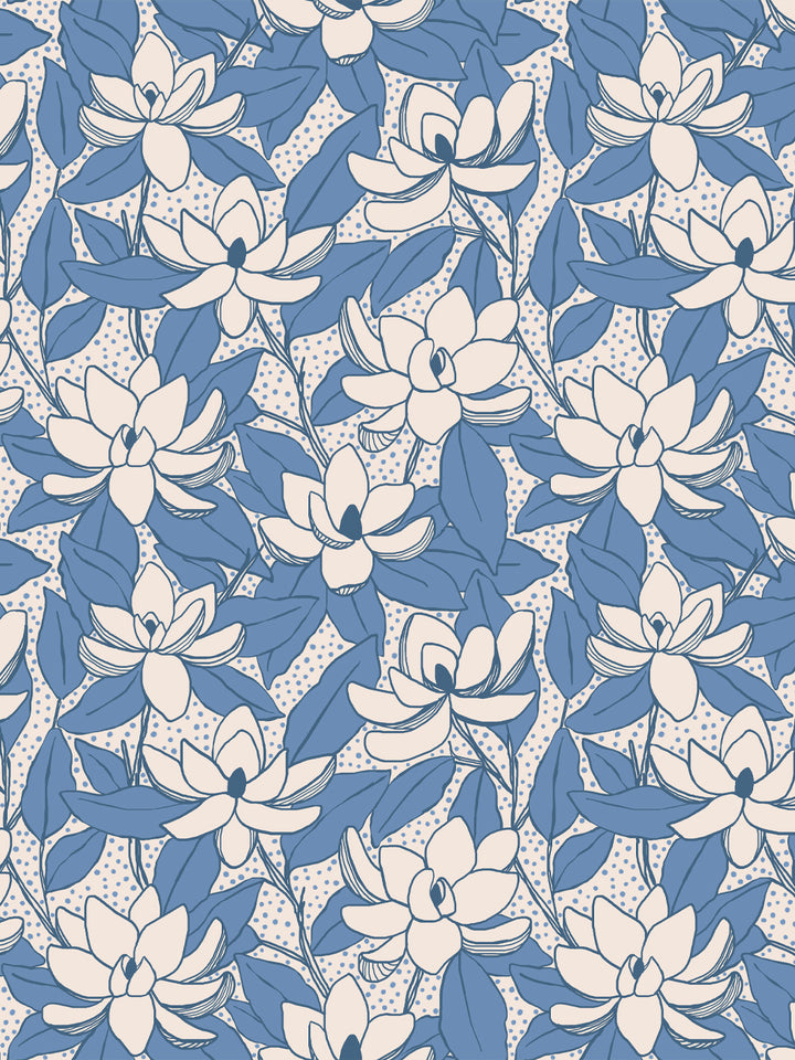 Magnolias wallpaper in Linen Cornflower: cream blooms and blue leaves with navy outlines on linen