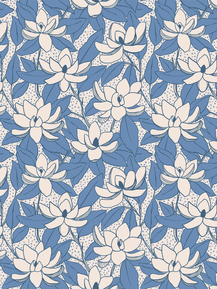 'Magnolias' Wallpaper by Wallshoppe - Linen Cornflower