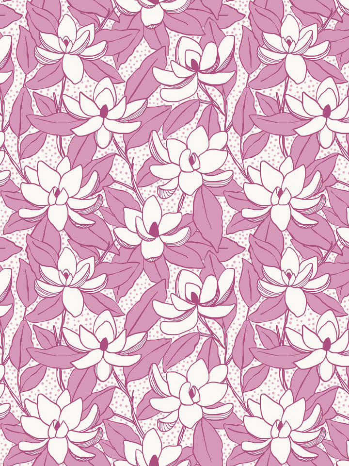 Magnolias wallpaper in Linen Mulberry: ivory blooms with mauve pink leaves and plum outlines on cream
