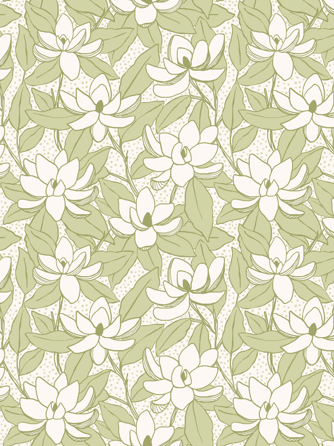 Magnolias wallpaper in Linen Zest: ivory blooms with soft sage leaves and olive outlines on cream