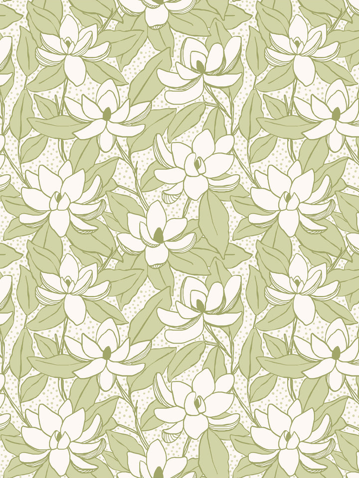 Magnolias wallpaper in Linen Zest: ivory blooms with soft sage leaves and olive outlines on cream