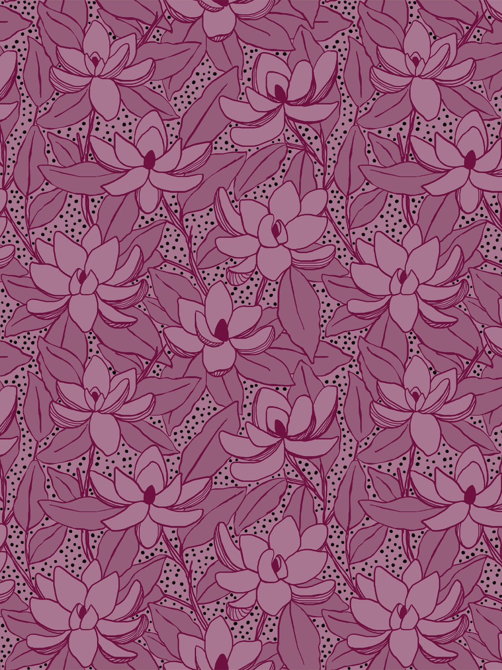 Magnolias wallpaper in Mulberry Ink: mauve blooms and leaves with black dots on a deep wine plum ground