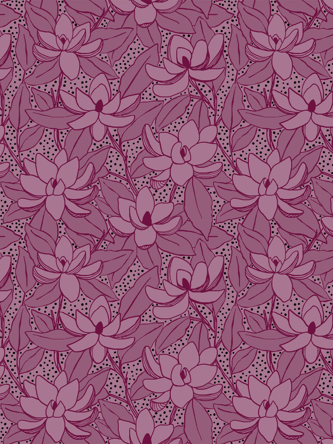 Magnolias wallpaper in Mulberry Ink: mauve blooms and leaves with black dots on a deep wine plum ground