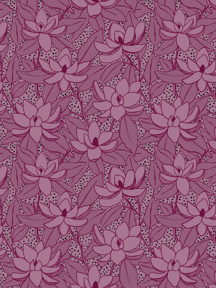 Magnolias wallpaper in Mulberry Ink: mauve blooms and leaves with black dots on a deep wine plum ground