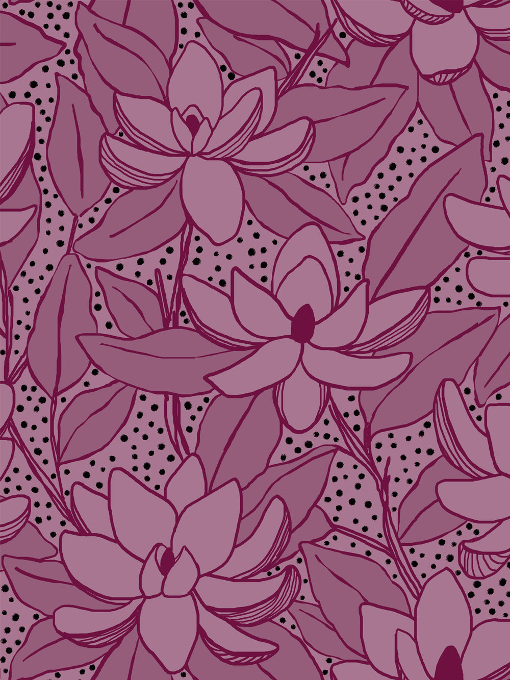 Close crop of lighter mauve-pink flowers magnolia blooms on deep wine-plum magenta