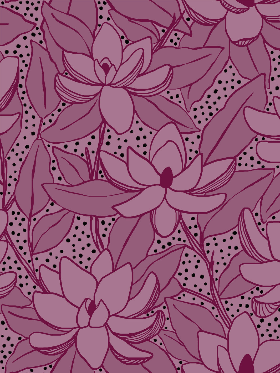Close crop of lighter mauve-pink flowers magnolia blooms on deep wine-plum magenta